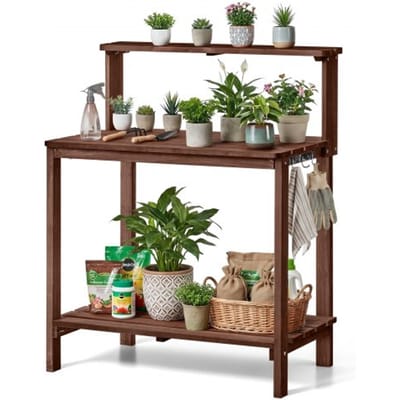 VEVOR Plantentafel, Tuintafel, Werktafel voor in de tuin met groot houten blad, planken en haken, Bloementafel, Verpottafel voor buiten op terras en in de tuin, Bruin, Plankmodel, 910x495x1085 mm