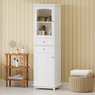 MODENUIT Badkamerkast - Met Glazen Deur En 2 Planken - Voor Badkamer Met 2 Kasten En 2 Laden - MDF Wit - 45x36x160 cm