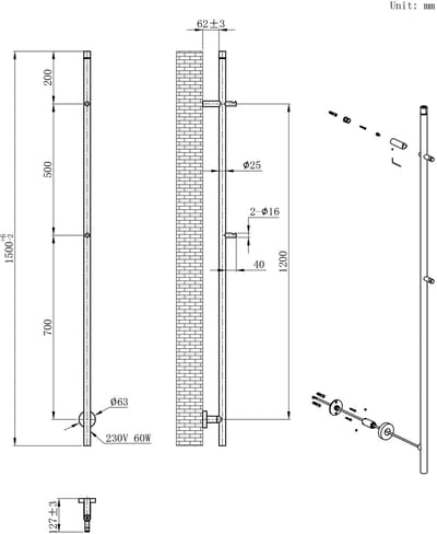 Wiesbaden Callista elektrische staafhanddoekradiator 60 Watt 150 cm gunmetal