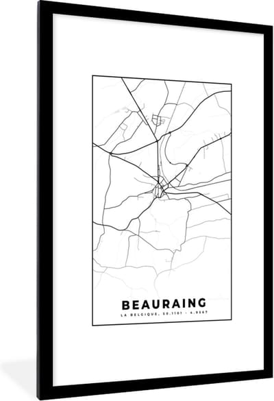 Fotolijst incl. Poster Zwart Wit- België – Beauraing – Stadskaart – Kaart – Zwart Wit – Plattegrond - 80x120 cm - Posterlijst