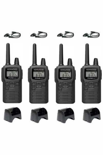 Set van 4 Kenwood PKT-300 ProTalk XLS IP52 PMR446 mini portofoons en D-shape oortje