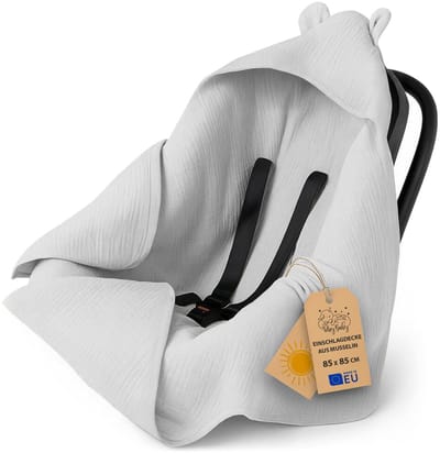 Mousseline babydeken – lichte ademende inbakerdeken autostoel met capuchon voor de zomer – temperatuurregulerend voor kinderwagen en pasgeborene 90×90 cm Grijs Oeko-Tex