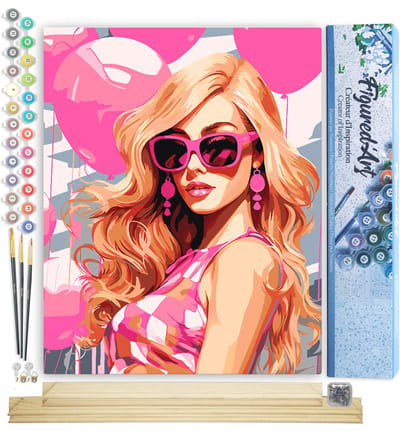 Figured'Art Schilderen op Nummer Volwassenen canvas Roze Ballonnen en de Diva- Handwerk acrylverf Kit DIY Compleet - 40x50cm met DIY houten lijst