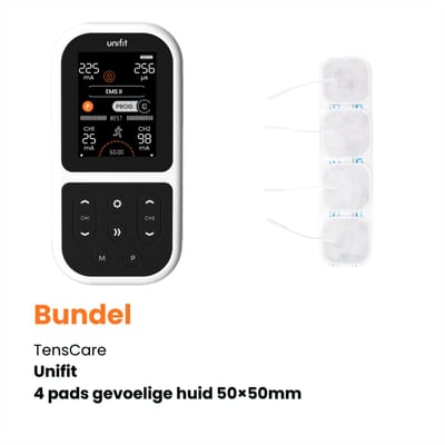 TensCare – Unifit bundel + 4 pads gevoelige huid 50×50mm (1 set) - Dubbelkanaals TENS Apparaat en EMS Spierstimulator – 12 TENS programma's - Pijnverlichting - Elektrodentherapie - Spierstimulator - Pijntherapie
