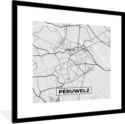 Fotolijst incl. Poster Zwart Wit- Stadskaart – Zwart Wit - Kaart – Péruwelz – België – Plattegrond - 40x40 cm - Posterlijst