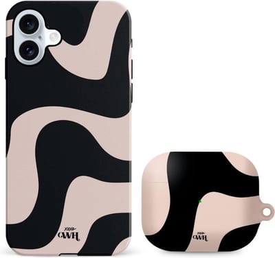 xoxo Wildhearts telefoonhoesje geschikt voor iPhone 16 met AirPods Pro (2) hoesje - set - Ride With Me - Double Layer - Telefoonhoesje met dubbele beschermlaag - Golvend patroon case - Zwart en beige