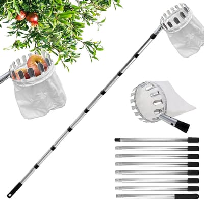 Fruitplukker met 16 cm diameter en 3 m telescopische steel, ideaal voor het oogsten van appels, kersen en citrusvruchten met een handige katoenen tas