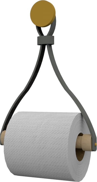 Leren toiletrolhouder 'Triangle' - met Zuignap én schroef - Handles and more® | DONKERGRIJS - roldrager: Rondhout - knop: Goud