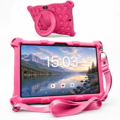 AngelTech Kindertablet XL – 3+4GB RAM - 32+64GB – Android 14 - 100%Kidsproof – Extra Groot – Vanaf 3 Jaar - Ook Voor Volwassen Gebruik - 10 Inch - Ouderlijk Toezicht – Fidgy Beschermhoes – Roze