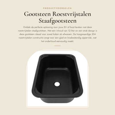 Dailygoods- Spoelbak Roestvrij Staal - Enkele Bak 12 Liter - Ingebouwde Installatie - Gootsteen voor RV Keuken - Krasbestendig - Eenvoudig Schoon te Maken - Keukenwasbak