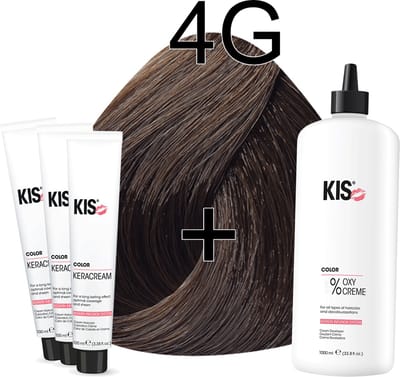 Kis KeraCream Color - 100ml - Haarverf Set - 4G Middel goudbruin | KIS - (3 x haarverf & 1L waterstofperoxide)