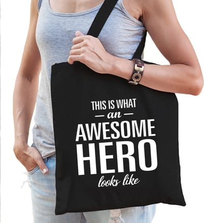 Awesome hero / held cadeau katoenen tas zwart voor dames - zorgpersoneel kado / tasje / shopper