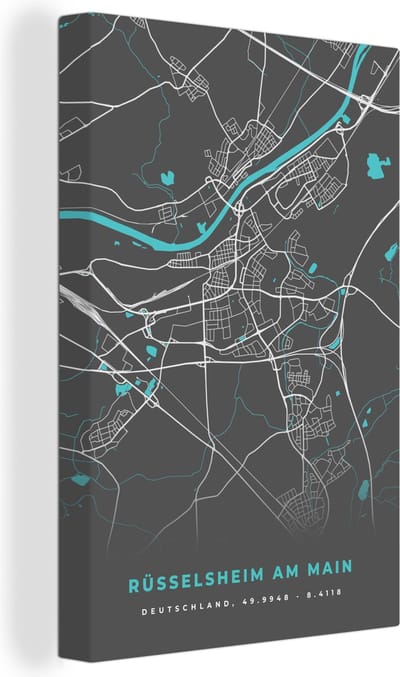 Canvas Schilderij Blauw – Duitsland – Plattegrond – Stadskaart – Kaart – Rüsselsheim am Main - 20x30 cm - Wanddecoratie