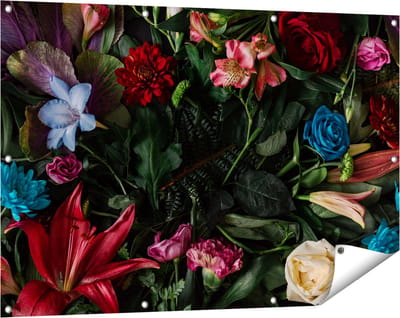 Gards Tuinposter Kleurrijke Bloemen met Groene Bladeren - 120x80 cm - Tuindoek - Tuindecoratie - Wanddecoratie buiten - Tuinschilderij