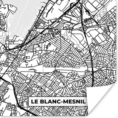 Poster Kaart - Stadskaart - Frankrijk - Le Blanc-Mesnil - Plattegrond - Zwart wit - 100x100 cm XXL
