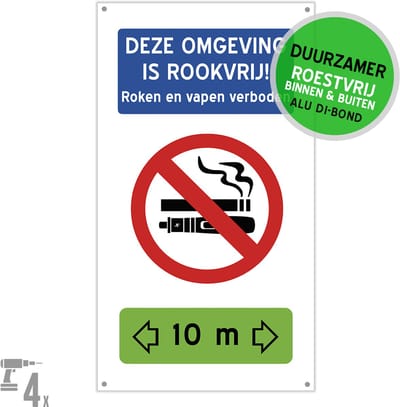 Pictogram/ bord XL Dibond + boorgaten | "Deze omgeving is rookvrij! Roken en vapen verboden" <- 10 meter -> | 27 x 50 cm | Rookverbod | Dampen | Vape | School | Duurzaam | Roestvrij | 1 stuk