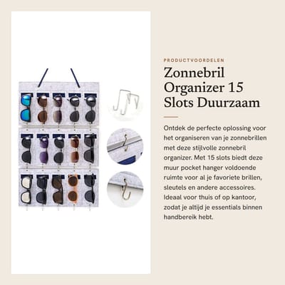 Dailygoods- Zonnebril Organizer 15 Slots - Brillenkoker - Brillendoos - Wandopslag - Afneembaar - Vilt Muur Pocket Hanger - Brillenhouder
