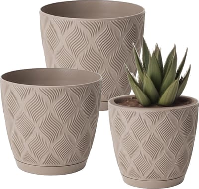 Form Plastic Plantenpot set New Age - 3x stuks - kunststof - beige - met schotel