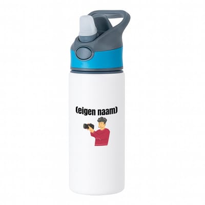 Hacebo® - fotograaf man grijs haar met eigen naam waterfles met rietje blauw - Fotograaf - fotografen - leuk cadeau voor iemand die houd van foto's maken - cadeau - kado - water fles - 650ML