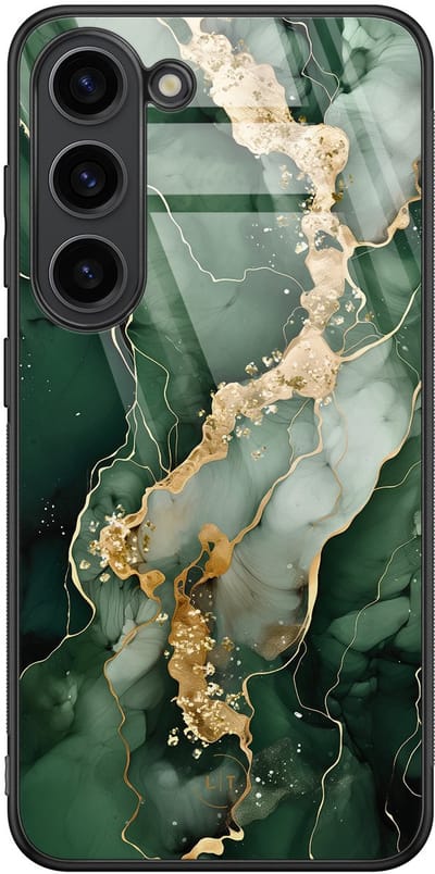 Hoesje geschikt voor Samsung Galaxy S23 - Marmer groen goud - Luxe Glazen Hardcase - Marmer - Groen, Goud
