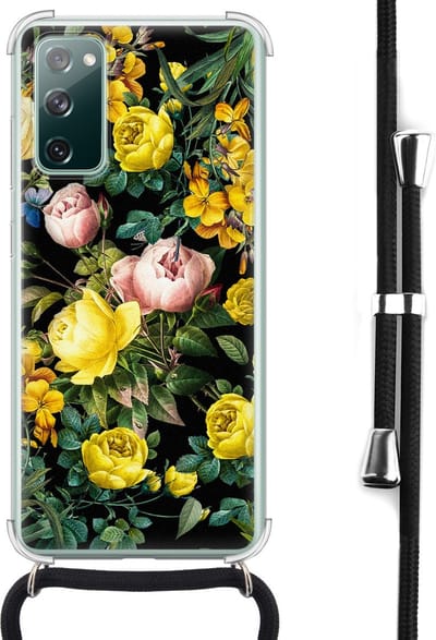 Hoesje met koord - Geschikt voor Samsung Galaxy S20 FE - Bloemen geel - Verstelbaar zwart koord - Crossbody - Bloemen - Transparant, Geel - Leuke Telefoonhoesjes