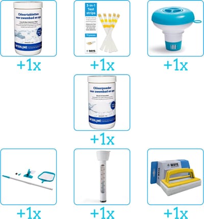 Zwembad Onderhoudspakket - Onderhoud Zwembad - bevat Chloor - Testrips - Chloordrijver - Chloor - Schoonmaakset - Thermometer en Scrubborstel (7-delig)