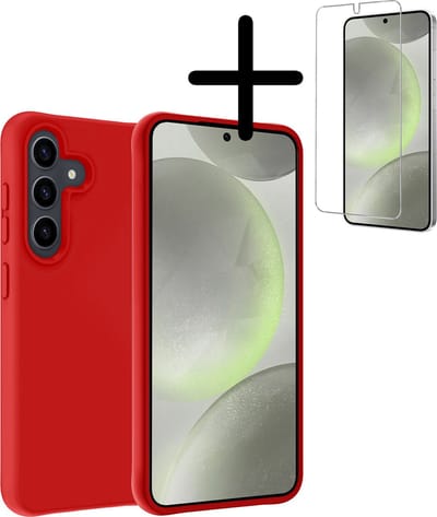 Hoesje Met Screenprotector - Geschikt voor Samsung Galaxy S24 - Sterk & Shockproof - Back Cover - Siliconen Case - Telefoon Hoes - Rood