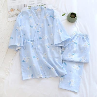 Nieuwe Japanse Kimono Set Lente/Zomer Dames Pyjama Set 100% Katoen Gaas Tweedelige Set Dames Badjas Huis Bont Nachtkleding L white
