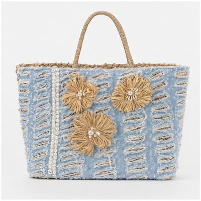 HS Grote Mand Handtas - Lichtblauw Naturel Bloemen