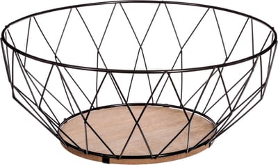 Secret de Gourmet Fruitschaal - zwart - D28 cm - metaal/hout - rond - fruitmand - Fruitschalen - Draadmand van metaal