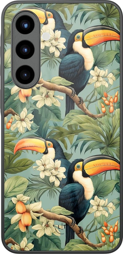 Hoesje geschikt voor Samsung Galaxy A57 - Jungle toucan - Luxe Glazen Hardcase - Print / Illustratie - Groen