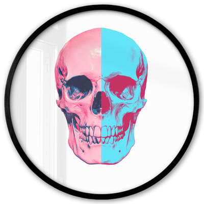 Poster in lijst Rond - Fotolijst 40x40 cm - Posters - Schedel - Grafisch - Roze - Verdeeld - Ronde posterlijst zwart - Decoratie - Wanddecoratie woonkamer - Muurdecoratie slaapkamer