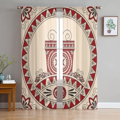 Kaart met een cadeau en patronen in etnische stijl Tule transparante gordijnen voor woonkamer keuken decoratie Voile organza gordijnen 135W x 114H(cm) white