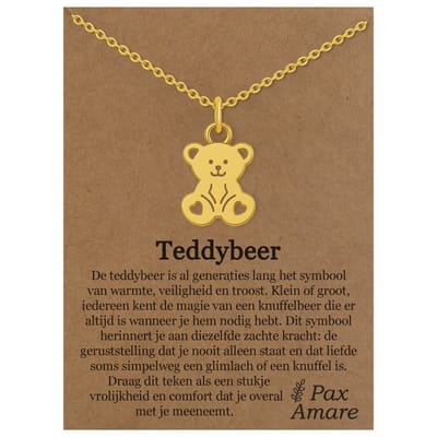 Stainless Steel Schattig Beertje Ketting op Cadeau Kaartje Goudkleurig - "Teddybeer" - 45cm + 5cm Verstelbaar Roestvrij Staal - Schattige Cadeau Hanger - Pax Amare