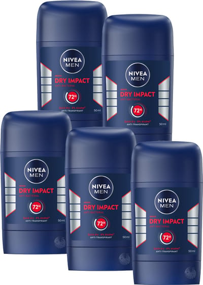 NIVEA MEN Dry Impact Anti-Transpirant Deodorant Stick - 72 uur Bescherming - Quick Dry Deo Mannen - Alcoholvrij - Deostick - 5 x 50 ml - Voordeelverpakking