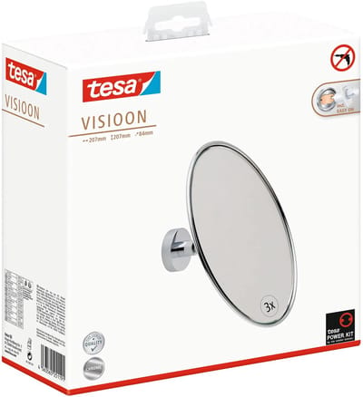 tesa VISIOON Cosmeticaspiegel met 3x Vergroting - Ronde Make-up Spiegel voor Wandmontage - Zonder Boren te Bevestigen op Tegels, Metaal en Andere Oppervlakken - Diameter 14 cm, Zilverkleurig