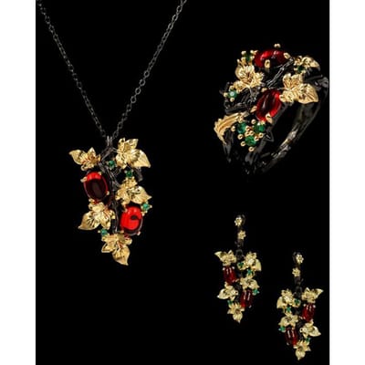 Mode Populaire Coloré Floral Noir Or Rouge Vert Bleu Ensemble Bague Boucles d'Oreilles Collier Accessoires Femme Ensemble de Bijoux Mariage Mariée 10