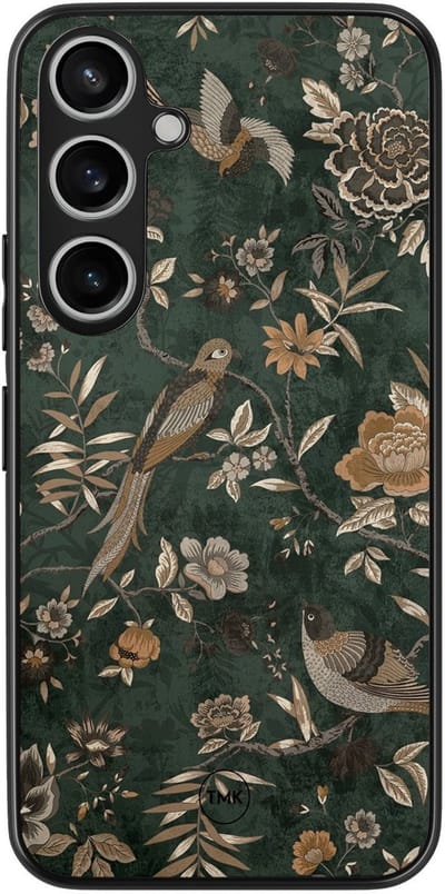 Hoesje geschikt voor Samsung Galaxy A15 - Khaki golden flowers - Groen - TPU case - Vogel - Hardcase zwart telefoonhoesje