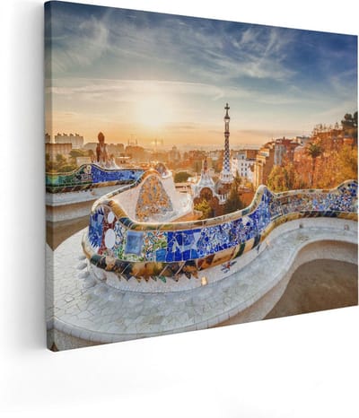 Artaza Canvas Schilderij Barcelona - 50x40 cm - Wanddecoratie Skyline - Muurdecoratie Mozaiek - Kamer Accessoires Zon