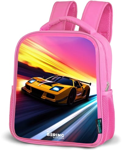 NoBoringSuitcases.com® - Rugzak roze - Schooltas meisjes - Gele raceauto bij kleurrijke zonsondergang - Kinder rugtas meisje - Boekentas kind - Kinderrugzak voor school - Schoolrugzak