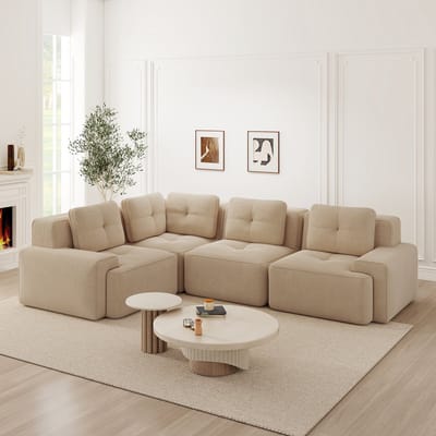 DESMIU Hoekbank 295 x 104 x 69 cm - Modulaire 4-Zits Bank Zonder Montage Met Anti-Slip Ontwerp - Voor Woonkamer En Kantoor - Cord Beige