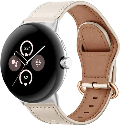 Strap-it Modern leren bandje geschikt voor Google Pixel Watch 5 (45 mm) / 4 (45 mm) / 3 (45 mm) - Beige