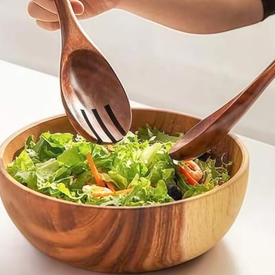 Saladebestek Set Houten Opscheplepels en Vork met Lange Steel - 2 Delig
