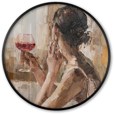 Poster in lijst Rond - Fotolijst 60x60 cm - Posters - Schilderij - Olieverf - Vrouw - Wijn - Ronde posterlijst zwart - Decoratie - Wanddecoratie woonkamer - Muurdecoratie slaapkamer
