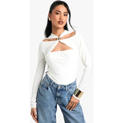 boohoo Dames Dubbel-Lagige Slinky Bodysuit met trimdetails en uitsnijding | Ivory | Maat: 10