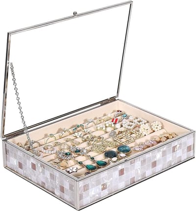 Glazen Sieradendoos - Juwelier Organizer - Thuis Opbergen - Zachte Voering - 21.5 cm - Zilverkleurig