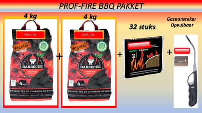 Prof-Fire - BBQ Pakket - 8 Kg Professionele Briketten + Aanmaakblokjes + Opvulbare Gasaansteker & Flexibele Hals - Natuurlijke Gezuiverde Briketten - Geurloos - Lange brandduur