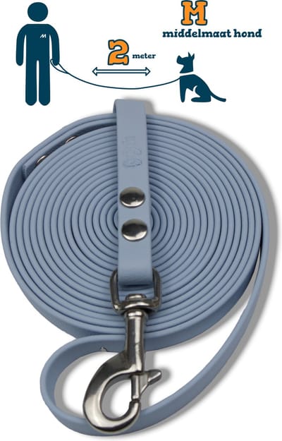 Miqdi hondenriem - BioThane ® - pastel blauw - 2 meter lang - 13 mm breed - M - middelmaat hond