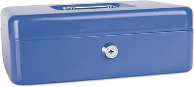 Grote metalen geldcassette met muntvak en veiligheidsslot - Blauw