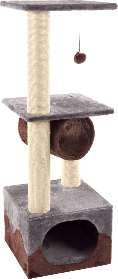 Krabpaal – Flamingo Kangri 5 Grijs & Bruin – 35 × 35 × 102 cm – sisal krabpaal – met tunnel, huisje & ligplateaus – voor katten